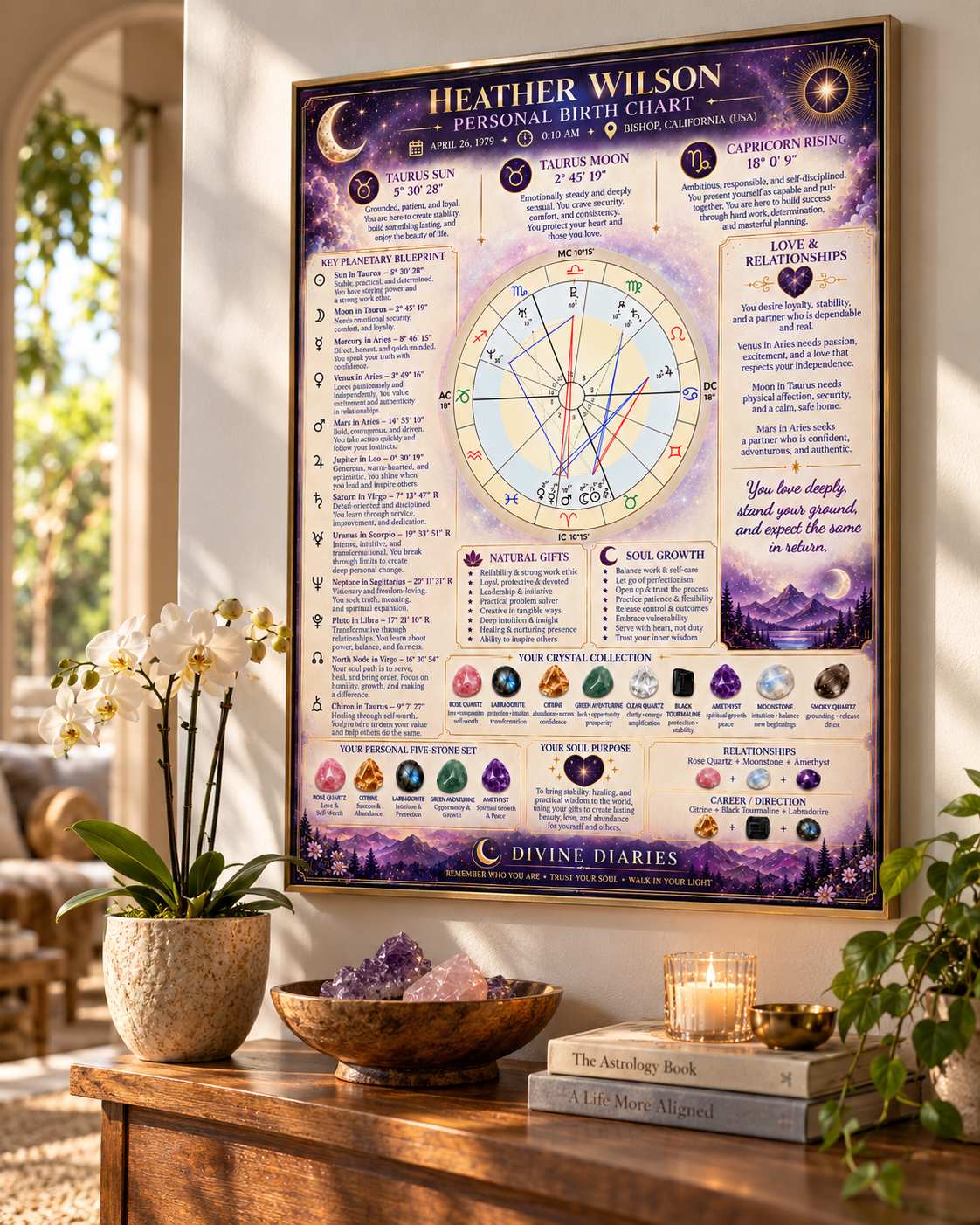Framed birth chart reading displayed on a console table with plants and candles